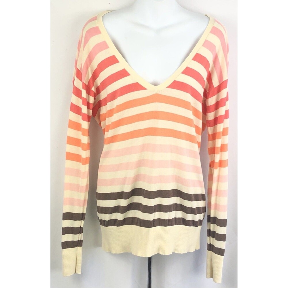 Vintage Pullover Sweater M Ivory Pastel Stripe Plunge V-Neck open-back y2k 90s